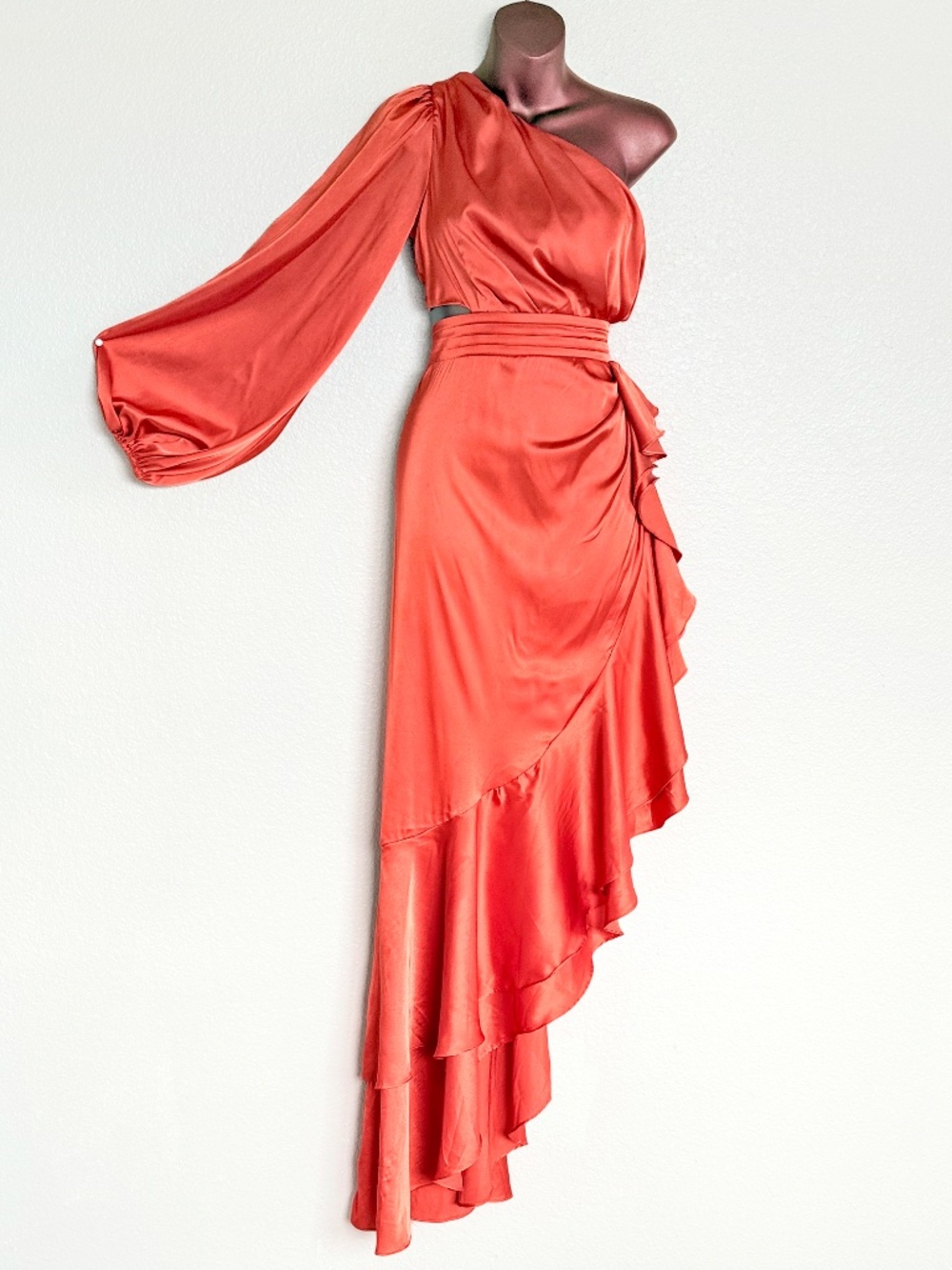 Sultry Flamenco Orange Satin One Shoulder Cutout Ruffle Formal Gown Luxxel Sz M